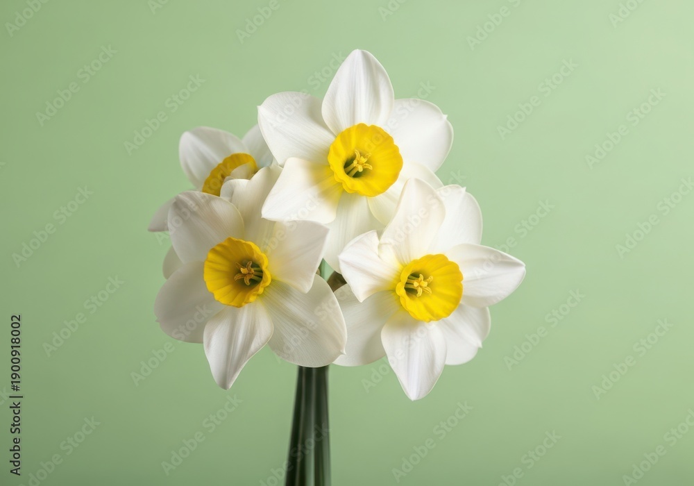 Fototapeta premium A bouquet of white daffodils with yellow centers on green background
