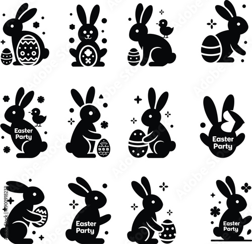 Easter bunny silhouette vector set, cute rabbits with eggs and chicks, black and white holiday icons collection