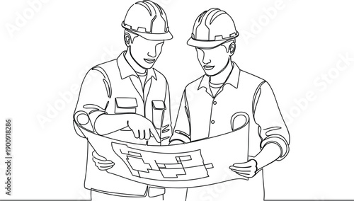 Construction engineers collaborating on architectural blueprint planning, teamwork in safety helmets, technical drawing analysis, project design coordination, workplace collaboration