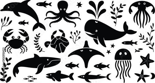 Ocean animals silhouette vector set, sea creatures icons with whale dolphin octopus fish, black and white marine collection