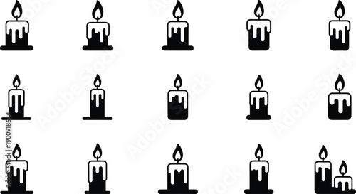 Black and white candle icon set, burning wax candles silhouettes, minimalist memorial, religious, romantic, decorative vector symbols collection