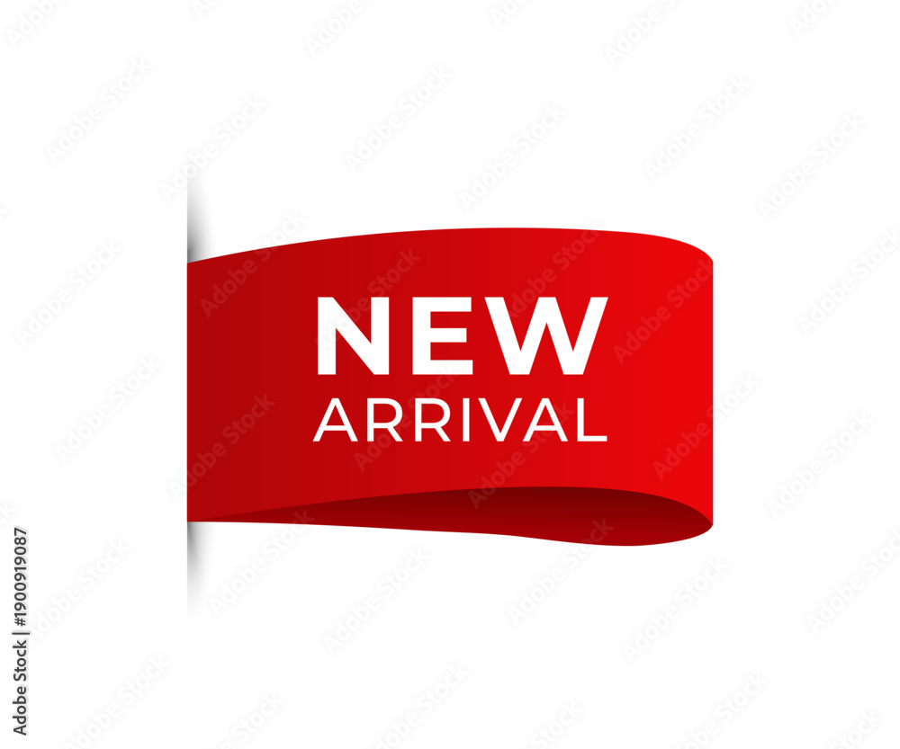 Fototapeta premium Red ribbon banner with white text NEW ARRIVAL angled on white background new arrival