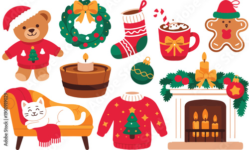 Cozy Christmas Scene – Holiday Decor, Gifts, and Fireplace Vector Illustration