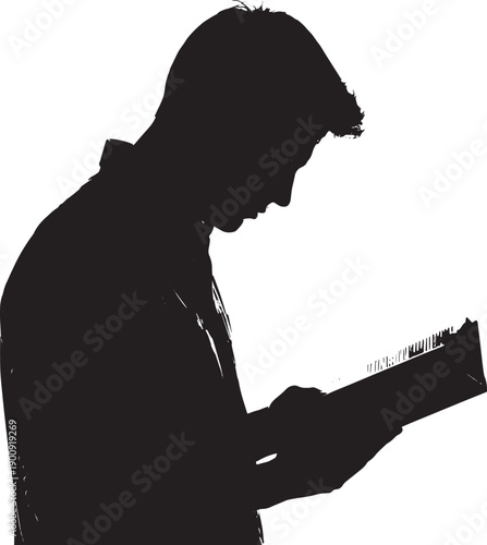 Silhouette of a focused individual deeply engaged in reading or studying, embodying profound concentration and knowledge acquisition