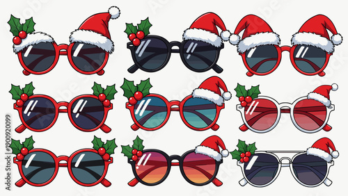 Christmas sunglasses vector collection with Santa hat and holly berries. Red holiday eyewear set for party photo booth props isolated on white background.