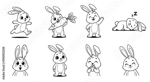 Cute cartoon rabbit emoticon faces set, vector illustration for sticker or icon, Isolated on transparent background, png