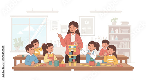 Teacher engaging students in interactive learning with building blocks in a classroom setting