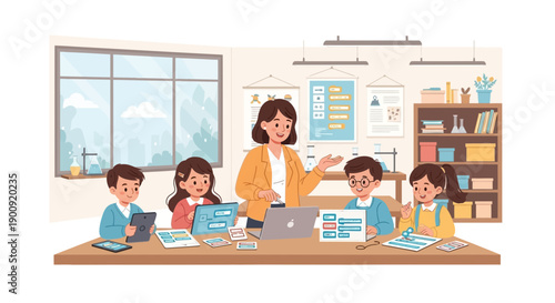 Teacher instructing students at a desk in a classroom with a window and bookshelf nearby