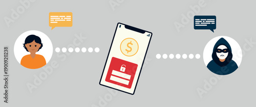 Dialogue between child and unknown man. Phone scammer concept. Online crime warning. Flat vector poster, banner.