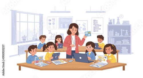 Teacher instructing students in a classroom with laptops and educational materials on tables