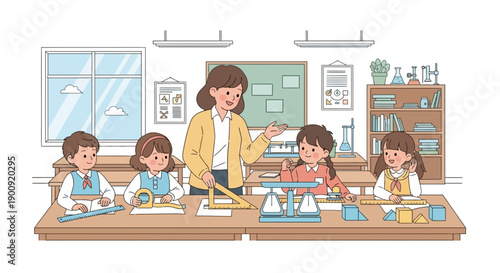 Teacher guiding students in a classroom activity with educational materials and science experiments on the tables from a standing viewpoint