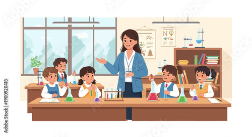 Teacher instructing students in a classroom with educational materials on tables and a window view