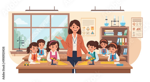 Teacher instructing students in a classroom setting with educational materials and equipment