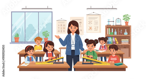 Teacher instructing students in a classroom setting with desks and educational materials