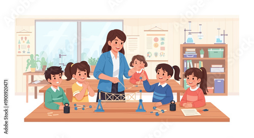 Teacher guiding students in a science class with experiments on tables in a well-equipped laboratory environment from a front viewpoint