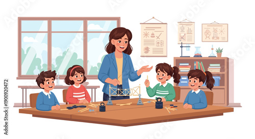 Teacher guiding students in a science experiment in a classroom setting with tables and educational materials