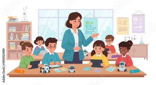 Teacher guides students in a classroom setting with robots and laptops during a technology lesson from a standing viewpoint