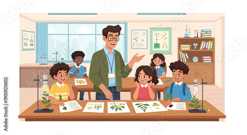 Teacher explaining botany to students in a classroom with illustrations and plants on the table