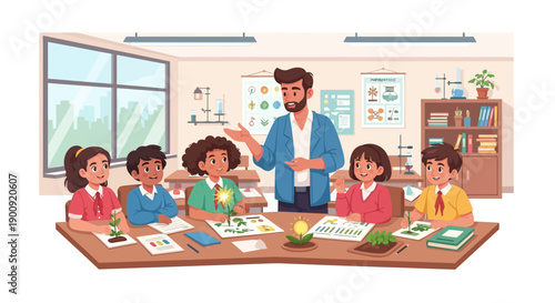 Teacher explaining a lesson to a group of students in a classroom environment with educational materials on the table