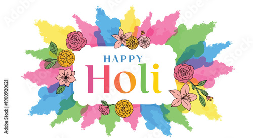 Vibrant Happy Holi vector graphic with colorful paint splatters and floral elements on a white background.