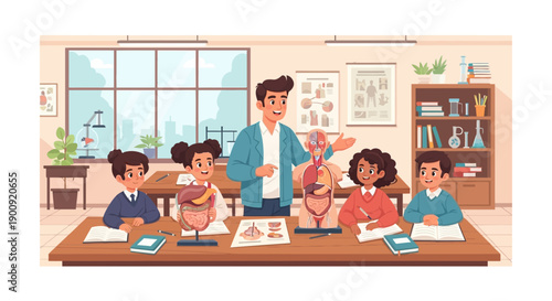 A teacher explains a lesson to students seated around a table in a well-lit classroom with educational materials and technology