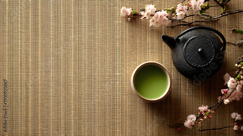 Japanese Zen Flat Lay with Matcha Tea and Sakura on Tatami	