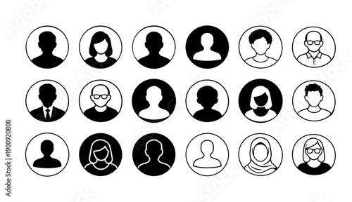 User Profile Avatar Icons Set - Black and White People Circle UI Symbols