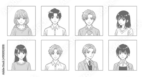 vector manga-style portraits of 8 diverse people, square frames, black and white line art, for illustration or graphic design, isolated on transparent background, png