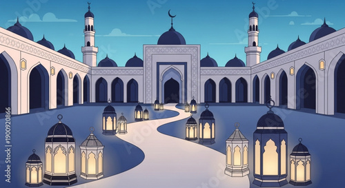 Mosque Courtyard with Lanterns at Night during Ramadan, Islamic Architecture, Blue Sky
