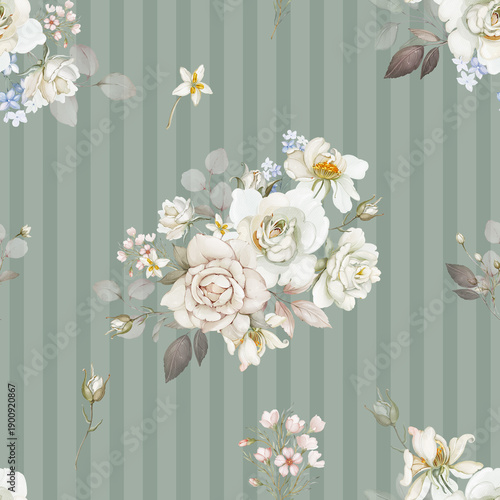 Elegant Seamless Floral Pattern on Sage Green Background