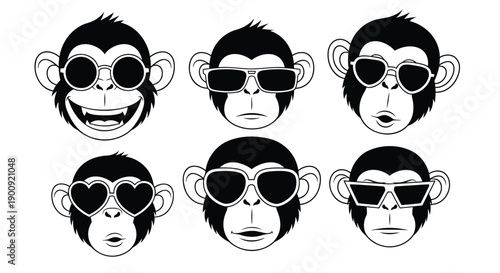 Six monkey faces wearing sunglasses, vector illustration, icons, for design or mockup, isolated on transparent background, png