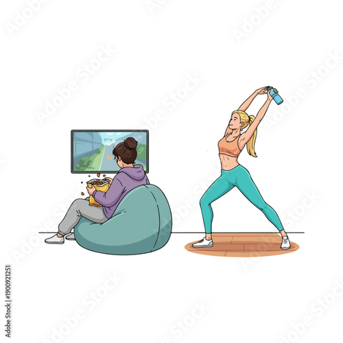 Woman doing yoga with dumbbells outside.