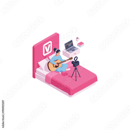 Young woman playing guitar in bed recording video.