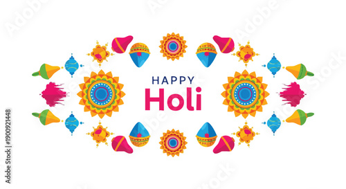 Vibrant Happy Holi vector graphic with colorful flowers and geometric shapes on a white background, conveying a festive mood with bright pink, blue, and yellow hues.
