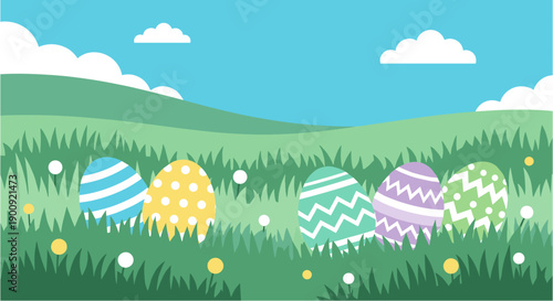 Vibrant illustration of decorated Easter eggs nestled in a lush green field under a bright blue sky with fluffy white clouds, perfect for holiday celebrations.