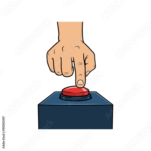 Hand pressing a red button on a blue box.