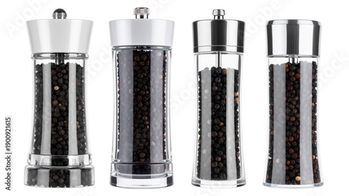 Collection of Pepper grinder. Black peppercorn mill, Set of png on transparent background