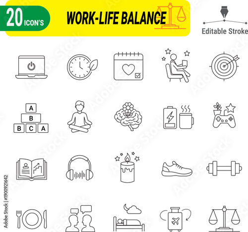 Professional work life balance icon set with editable stroke vector