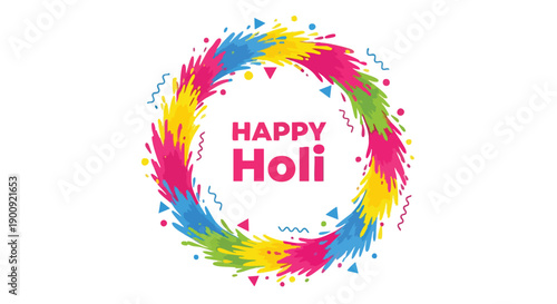Vibrant Happy Holi vector graphic with colorful splashes and pink text on a white background, conveying a festive mood.
