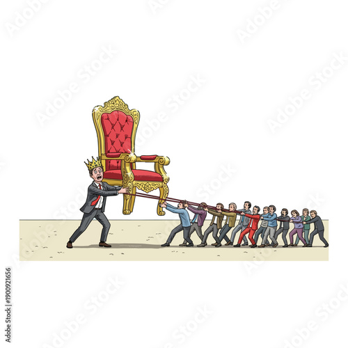 People pulling large ornate chair.
