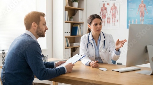 Female doctor consults male patient in modern clinic office, discussing test results on desktop computer, calm supportive healthcare meeting, preventive care checkup