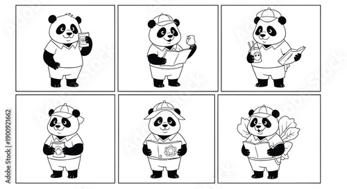 Six panda chefs in different poses, vector illustrations for menu, food blog, or restaurant promotion, isolated on transparent background, png