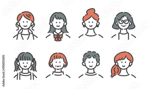 様々な世代の女性のイラストセット　線画・アイコン・シンプル・母娘