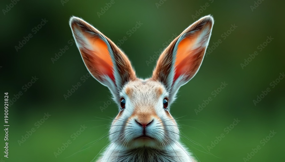 Obraz premium A close-up portrait of a curious rabbit with large ears and a blurred green background