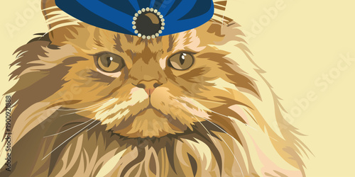 Cute Stylized Cartoon Cat Portrait with a Friendly Smile on Pink Background