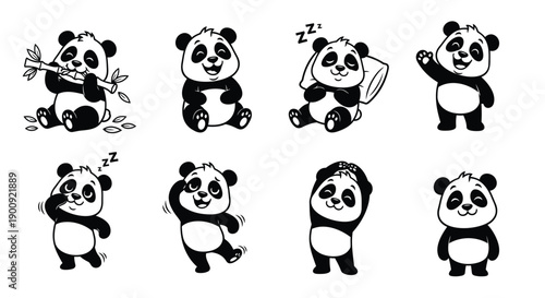 Vector panda bear cartoon characters, various poses and expressions, for illustration or graphic design, Isolated on transparent background, png