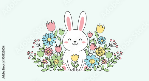 Charming illustration of a happy white bunny nestled amongst a vibrant array of colorful spring flowers and delicate foliage, perfect for Easter celebrations.
