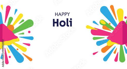 Vector graphic celebrating Happy Holi with vibrant colorful paint splatters and 'Happy Holi' text on a white background.