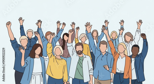 Diverse Group of People Celebrating with Raised Fists in Flat Design Illustration