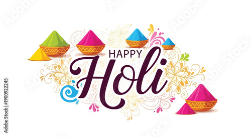 Colorful vector graphic celebrating Happy Holi with vibrant powder containers and festive decorations on a white background.